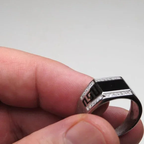 *925 Sterling Silver Diamond & Onyx Men's Ring